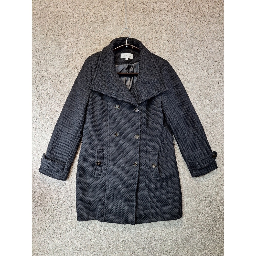 Calvin Klein Pea Coat Women's Large Black Lined Textured Pockets Double Breasted